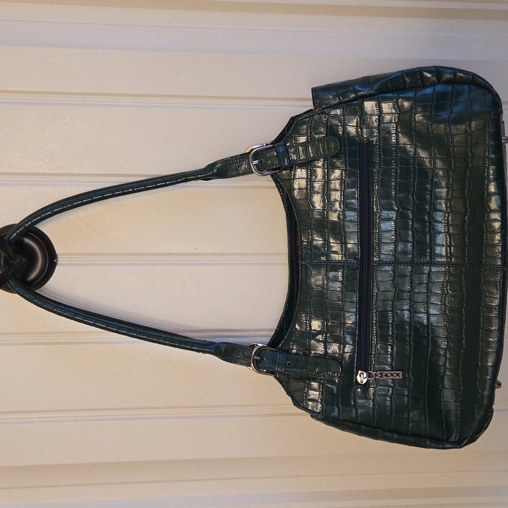 Dark Green Croc-Embossed Shoulder Bag